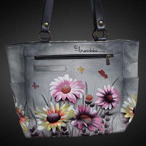 Anuschka Painted Purse Hand Painted Leather gray & yellow Wild Meadow